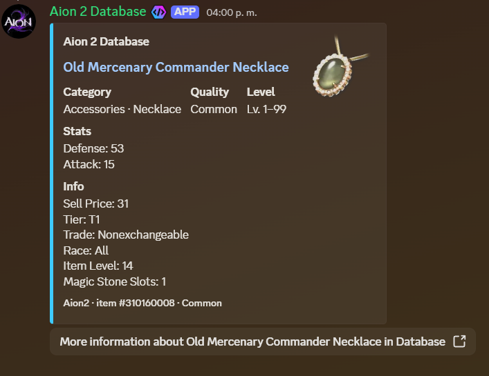 Aion 2 Database bot showing an /item lookup result for an accessory, with full stats