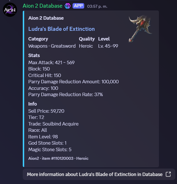 Aion 2 Database bot showing an /item lookup result for a weapon, with full stats